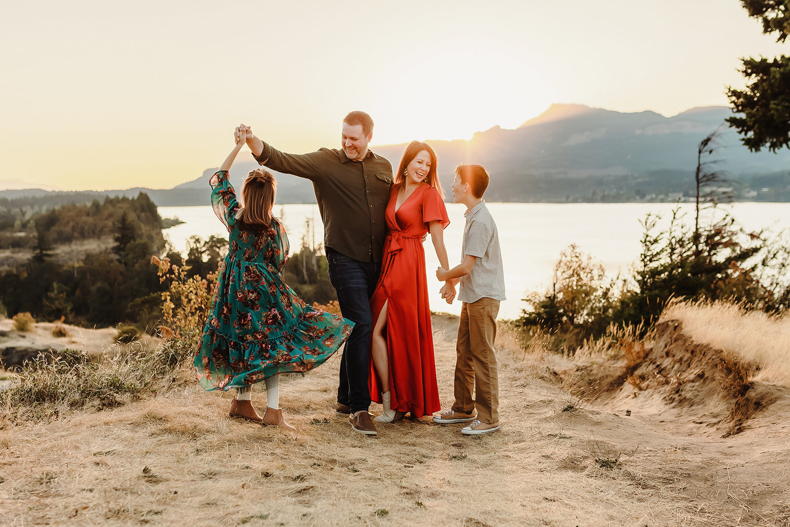 family playing in the columbia river gorge