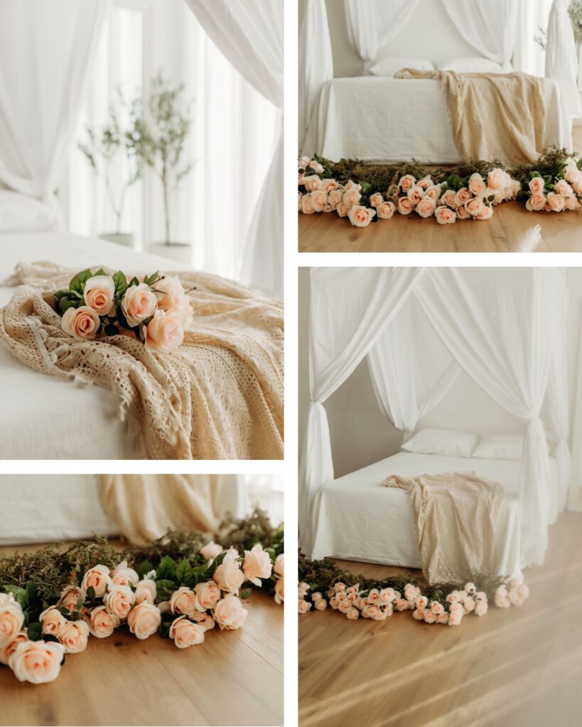 a collage of images of a white canopy bed in a white natural light studio with pink roses lining the floor